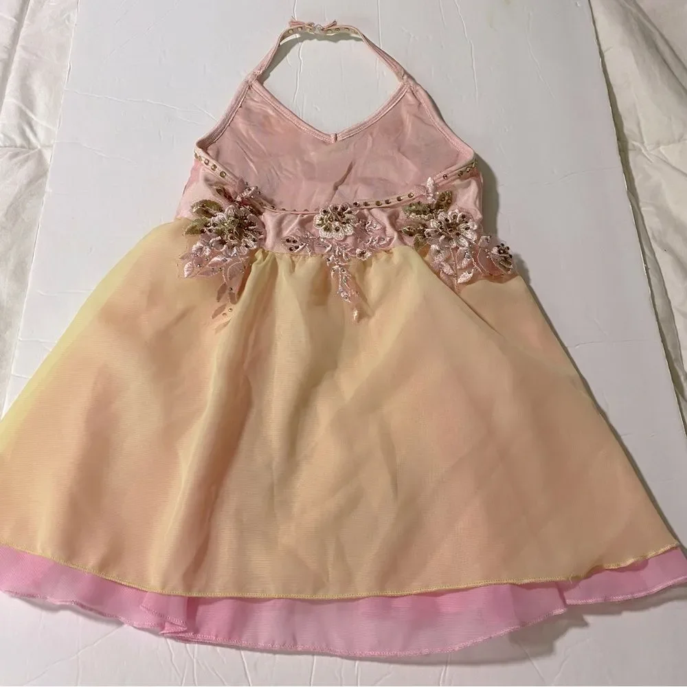 Glamour solo dance costume pastel pink yellow lyrical rhinestone dress small SC